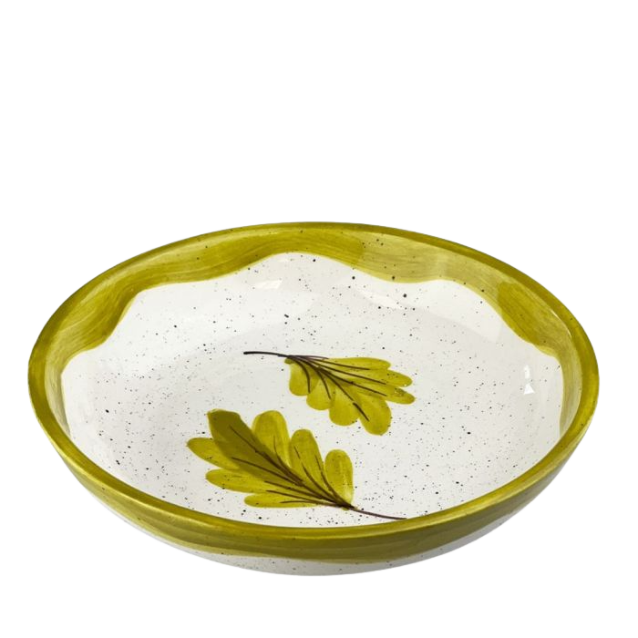 Ceramic bowl with green leaf design on a white background