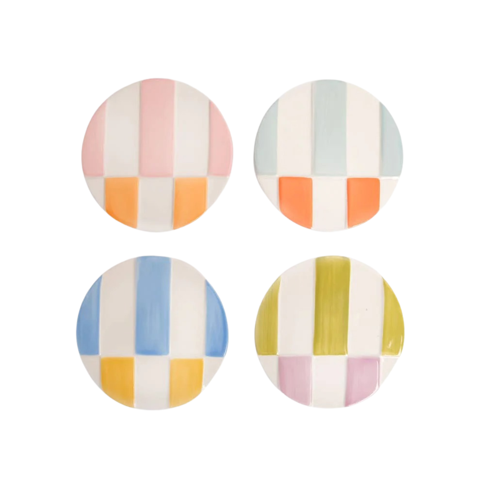 Four round ceramic coasters with colorful striped patterns on a white background