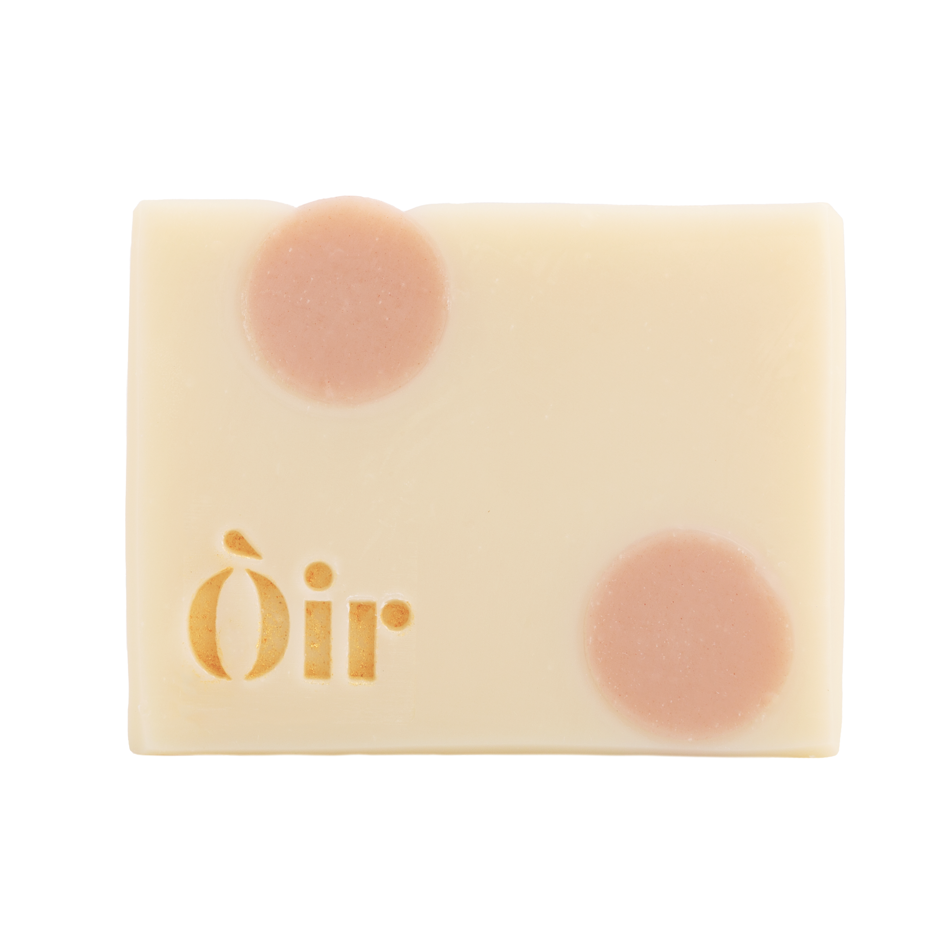 Bar of Oir Rose Geranium soap from the front on a white background. Beige bar, pink dot pattern and gold Oir logo.