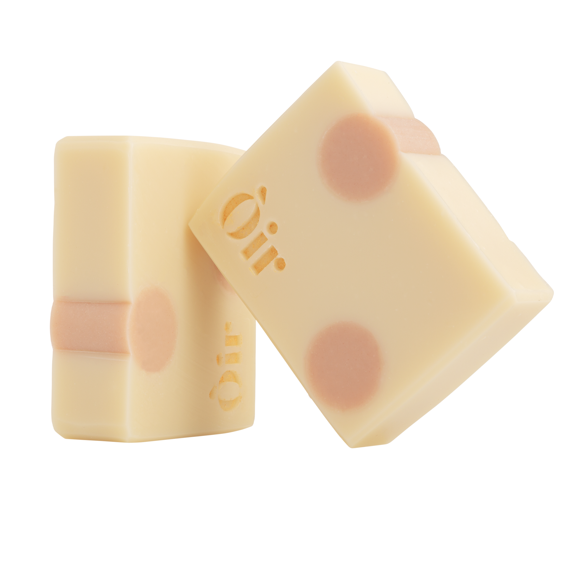 Two bars of hand and body soap with a delicate pattern on a white background, featuring the brand name 'Oir'.