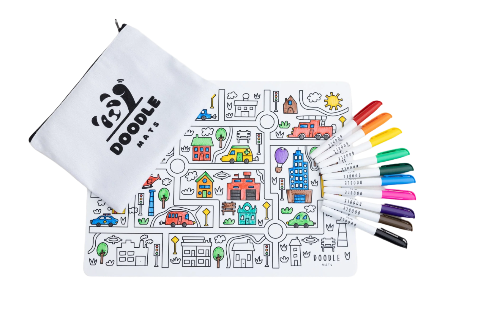 Coloring mat with doodles and markers on a white background