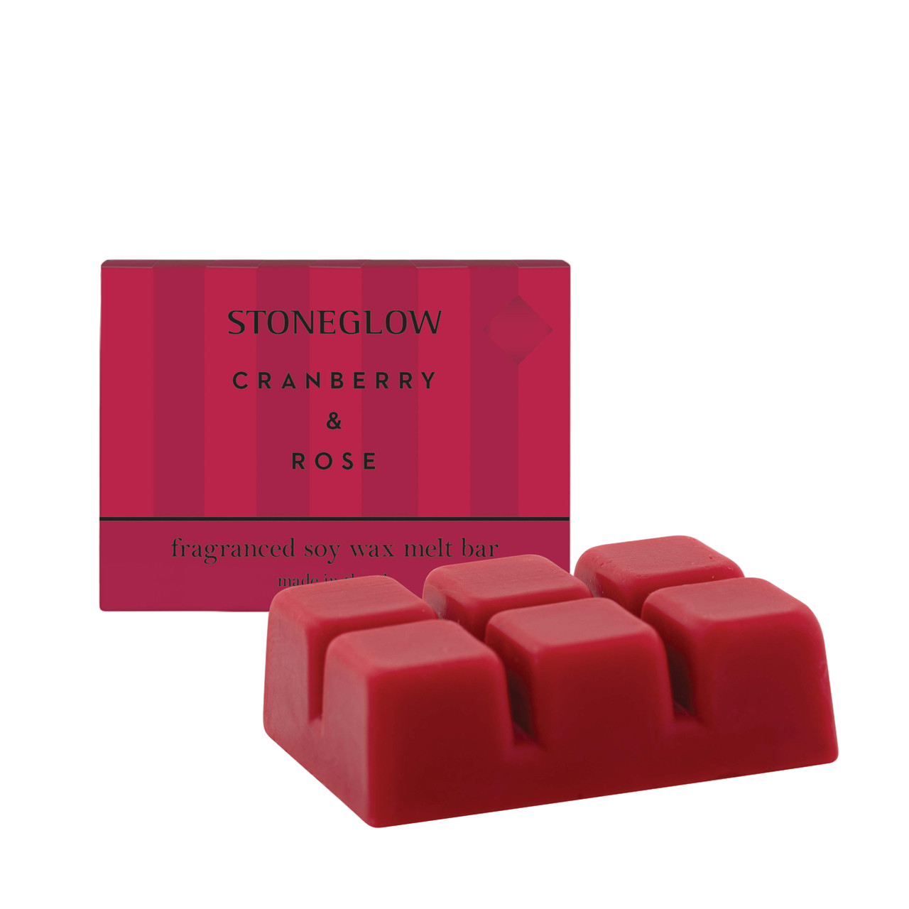 Red stoneglow cranberry & rose scented wax melts with packaging on a white background