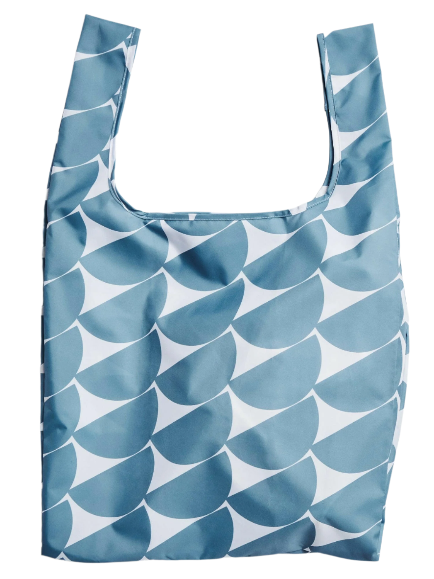 Reusable shopping bag with blue and white pattern on a white background