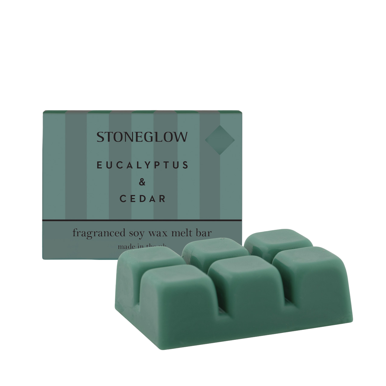 Stoneglow eucalyptus & cedar scented wax melt bars with packaging on a white background