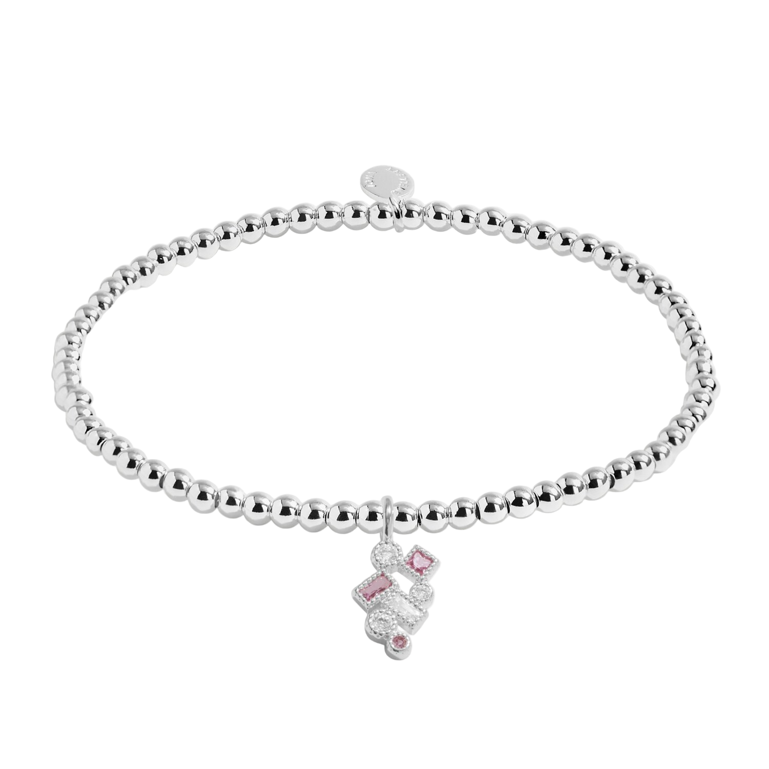 Silver bracelet with a pink heart charm on a white background