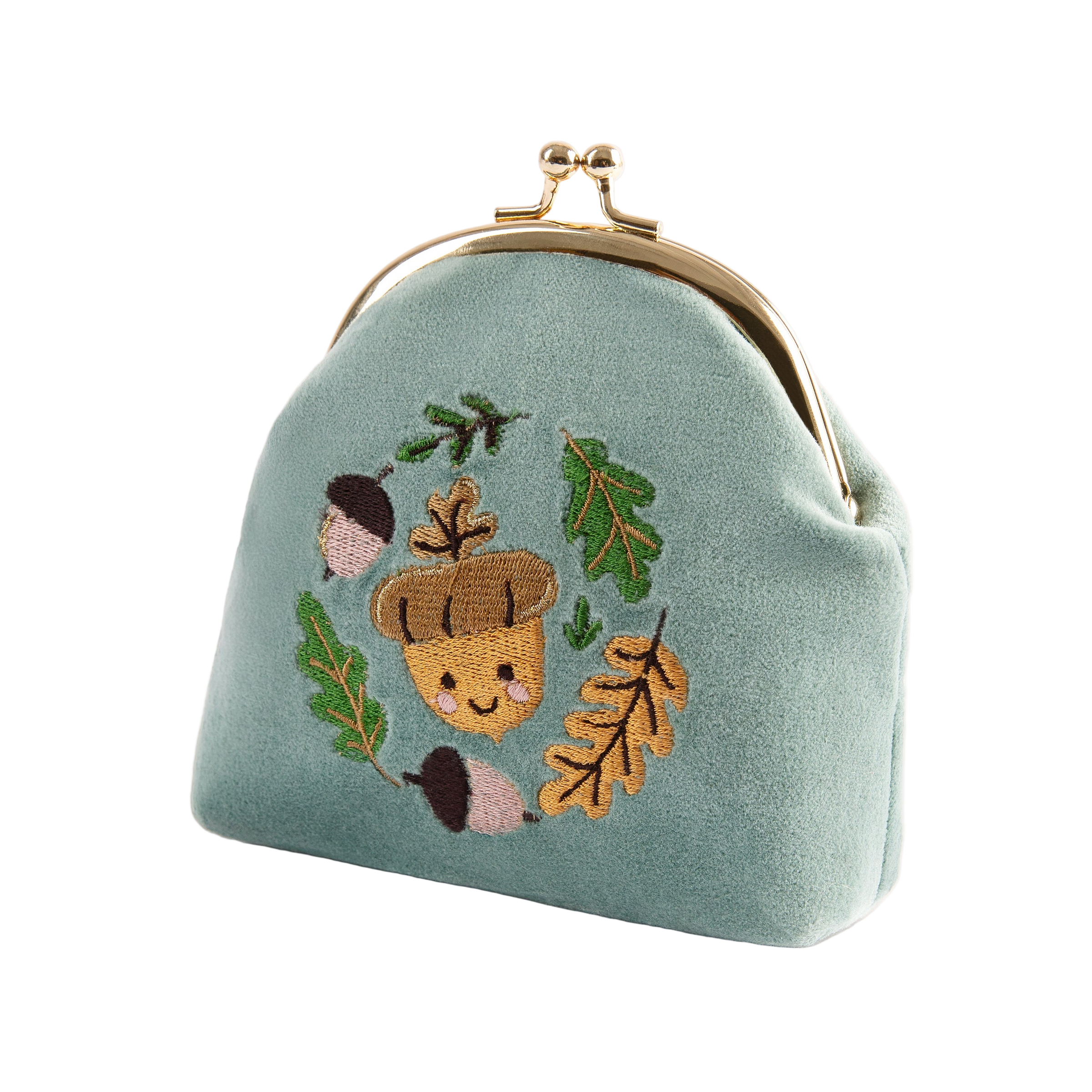Small light blue pouch with embroidered acorn and leaf design on a white background