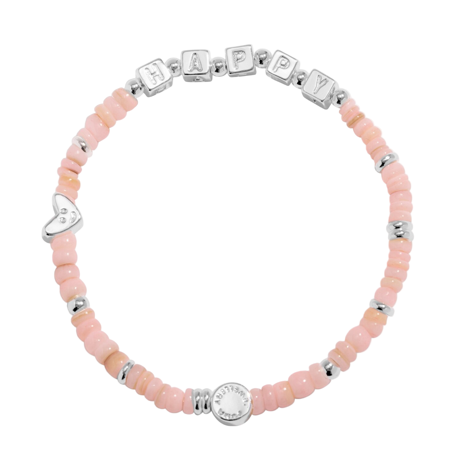 Bracelet with pink beads and silver charms on a white background
