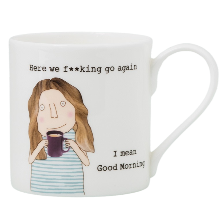 Mug with a cartoon illustration of a woman holding a coffee cup and humorous text on a white background.