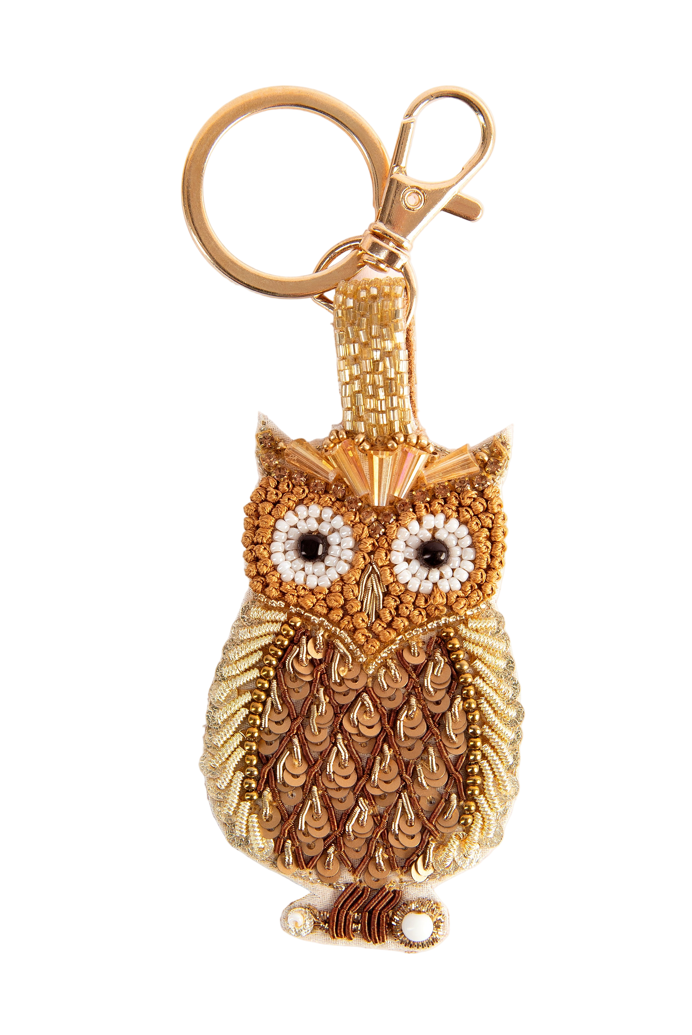 Gold owl-shaped keychain with beaded details on a white background