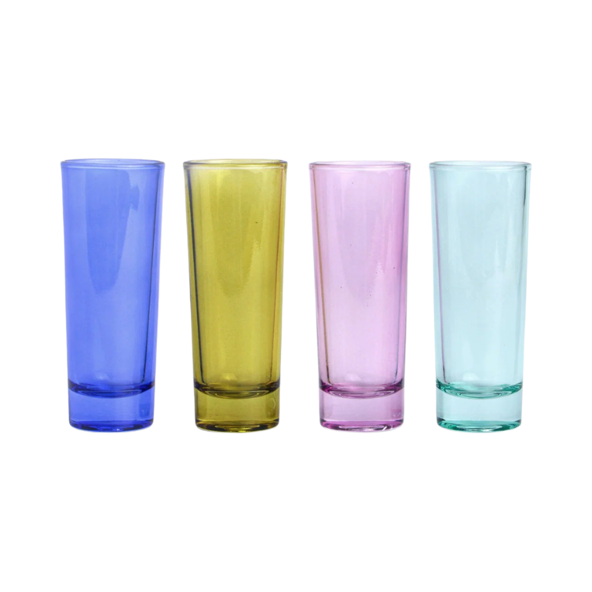 Four colorful glass shot glasses.