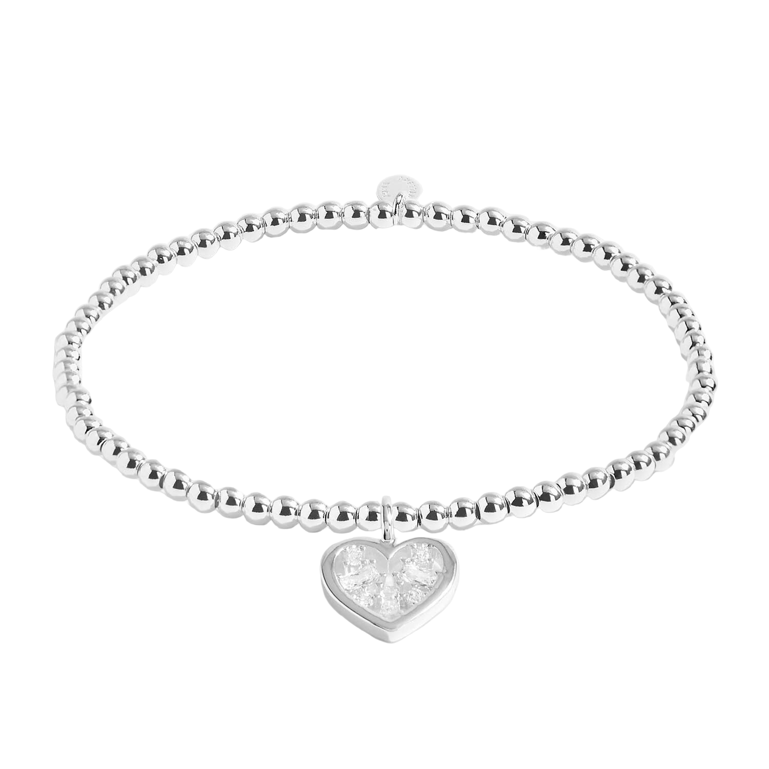 Silver bracelet with a heart-shaped charm on a white background