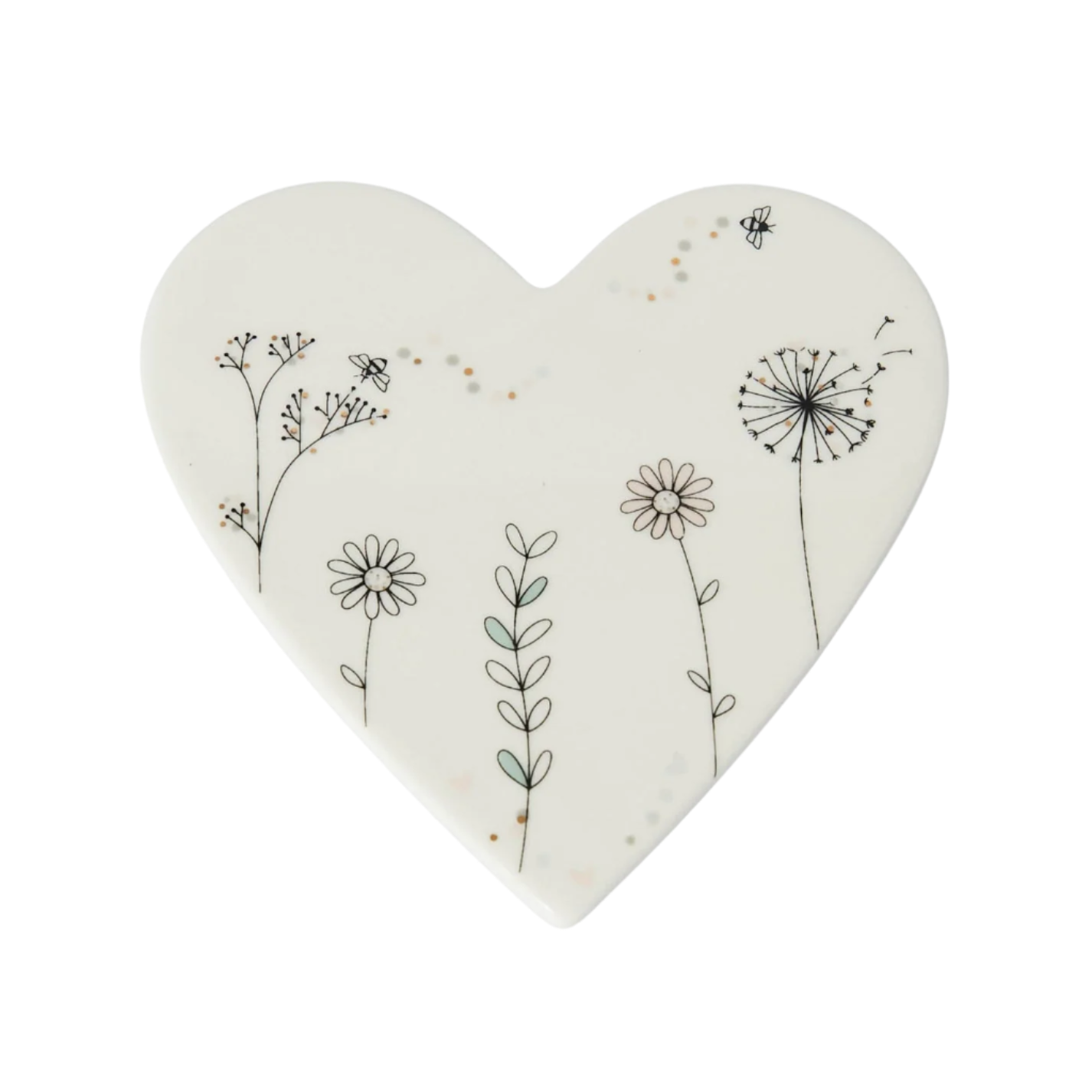 Heart-shaped ceramic plate with floral designs on a white background