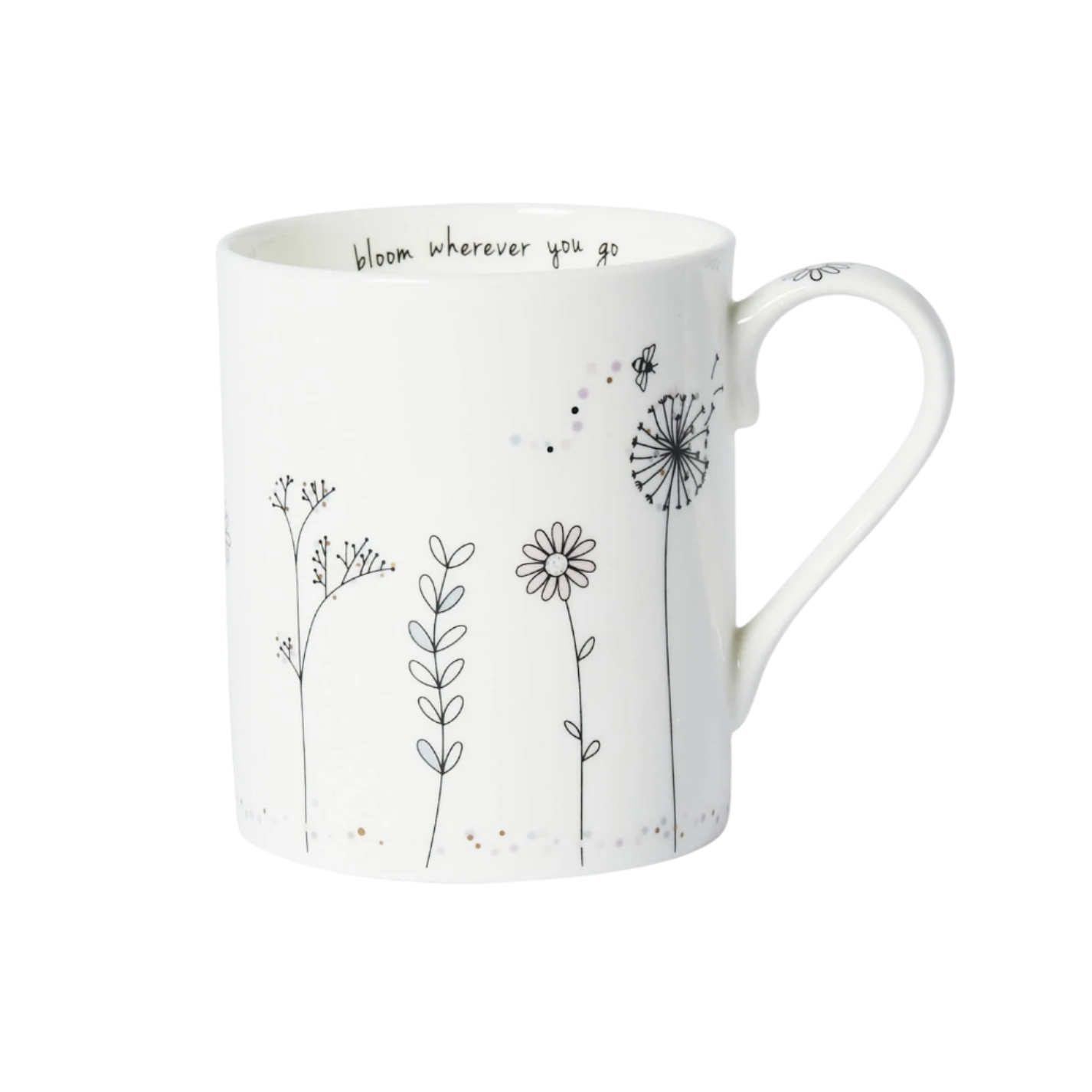 White mug with black floral illustrations and text on a white background