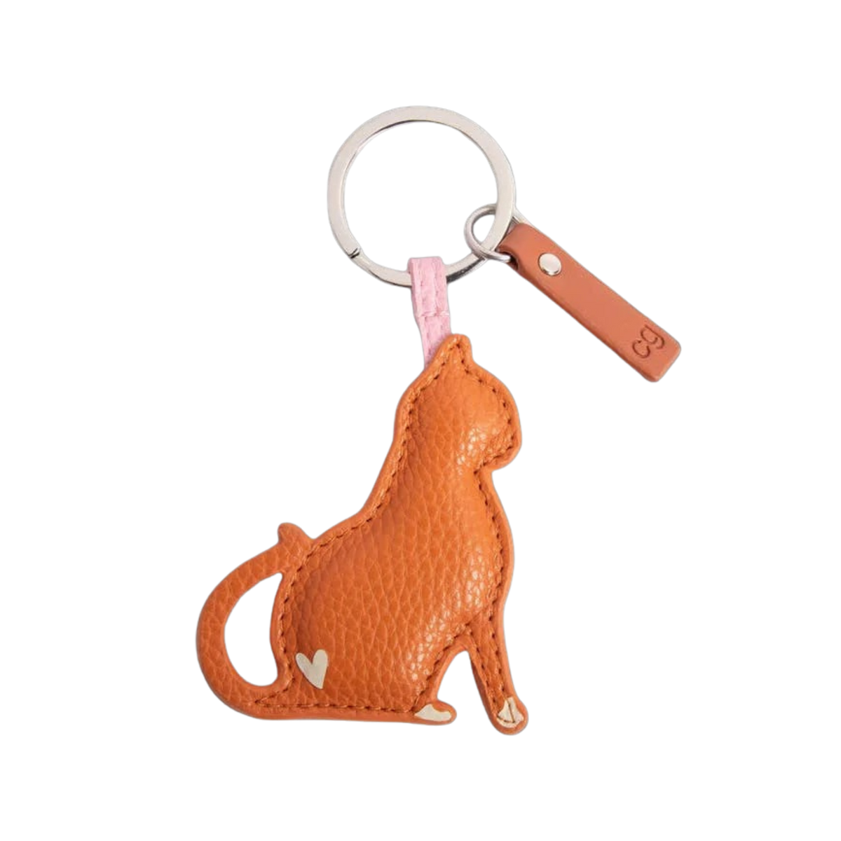 Cat-shaped keychain with a pink strap on a white background