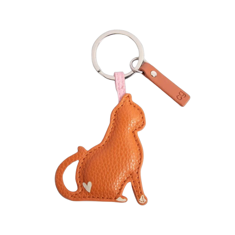 Cat-shaped keychain with a pink strap on a white background