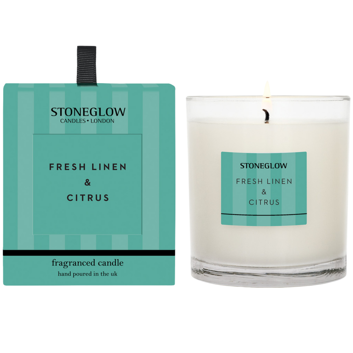 Stoneglow Fresh Linen & Citrus candle and packaging on a white background