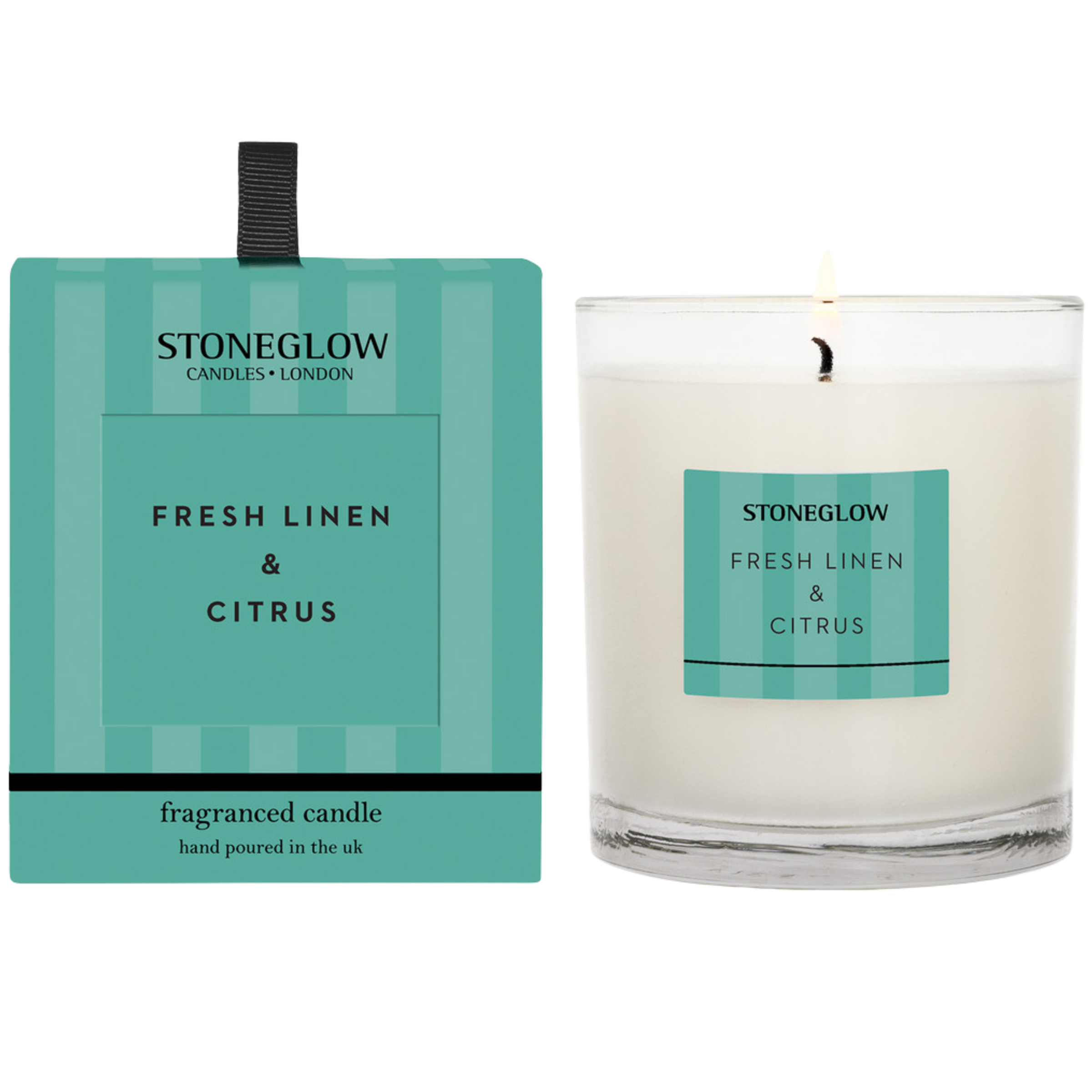 Stoneglow Fresh Linen & Citrus candle and packaging on a white background