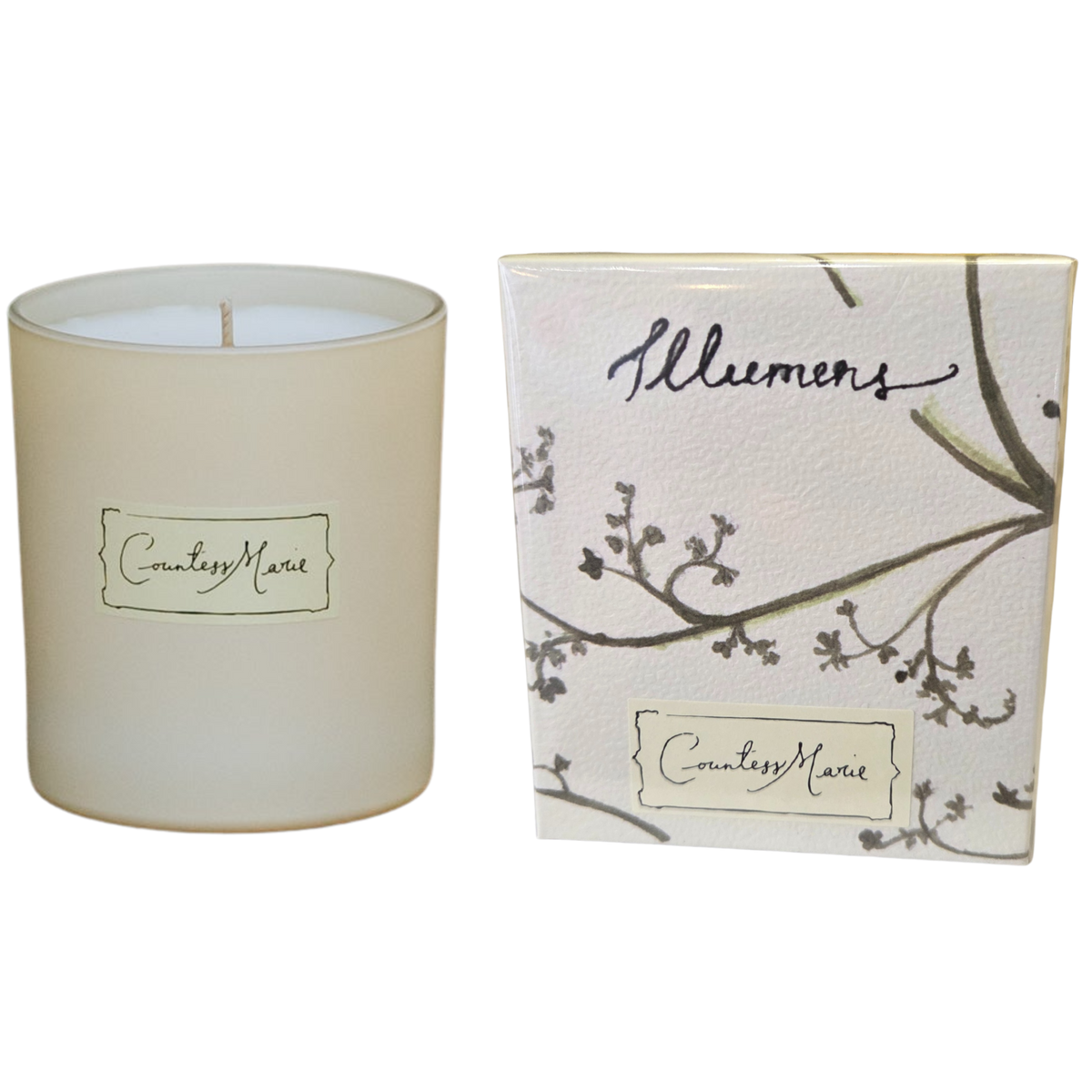 Candle and its packaging with 'Countess Marie Illumens' branding on a white background