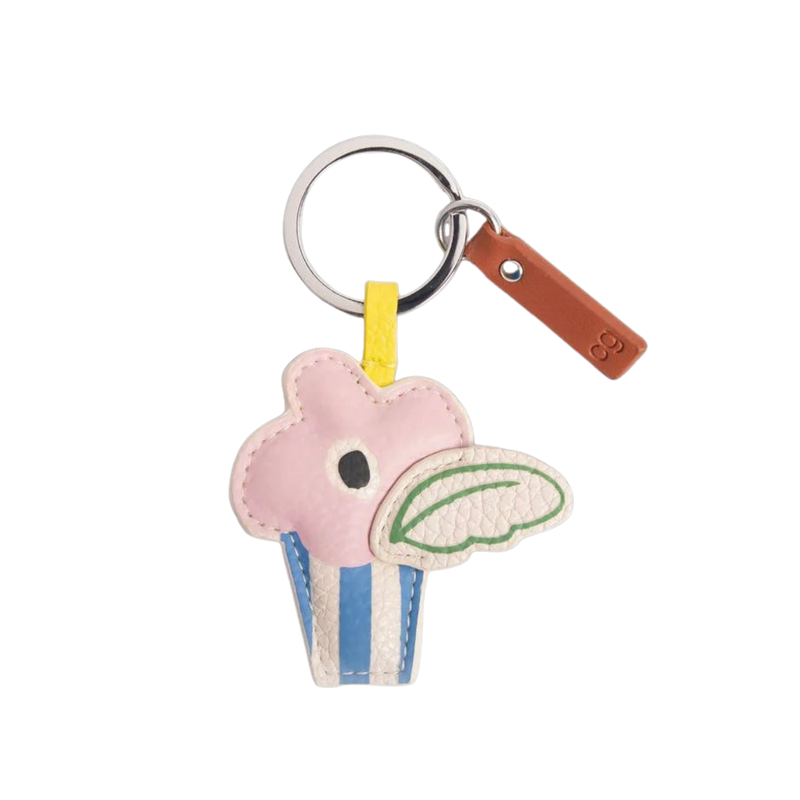 Keychain shaped like a cupcake with a face on a white background