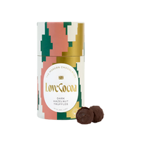 LoveCocoa dark hazelnut truffles packaging with two truffles on a white background