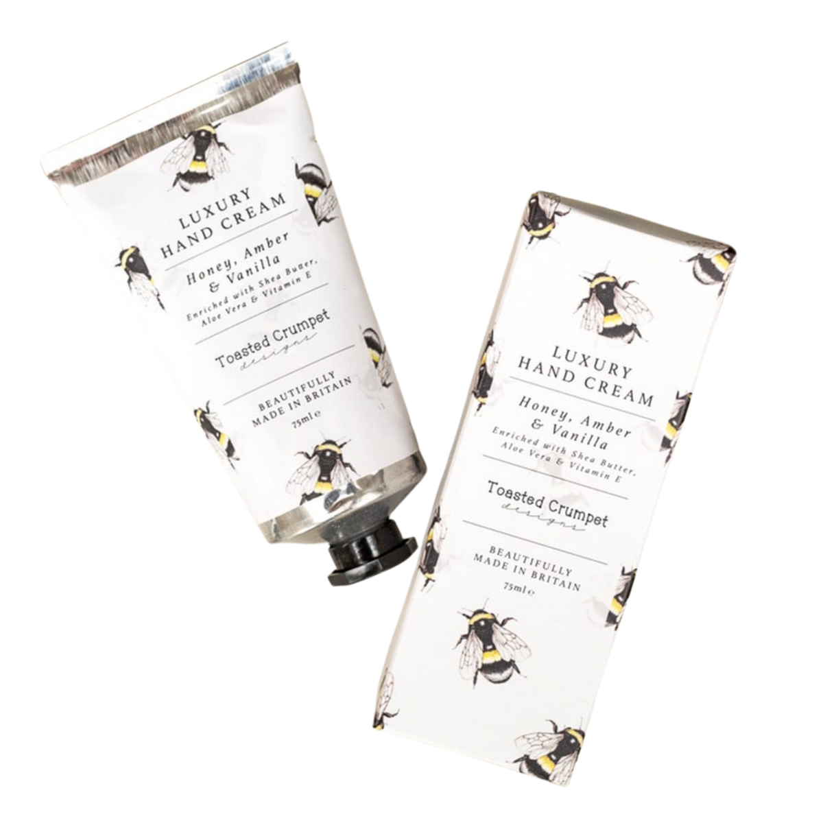 Luxury hand cream with bee design on a white background
