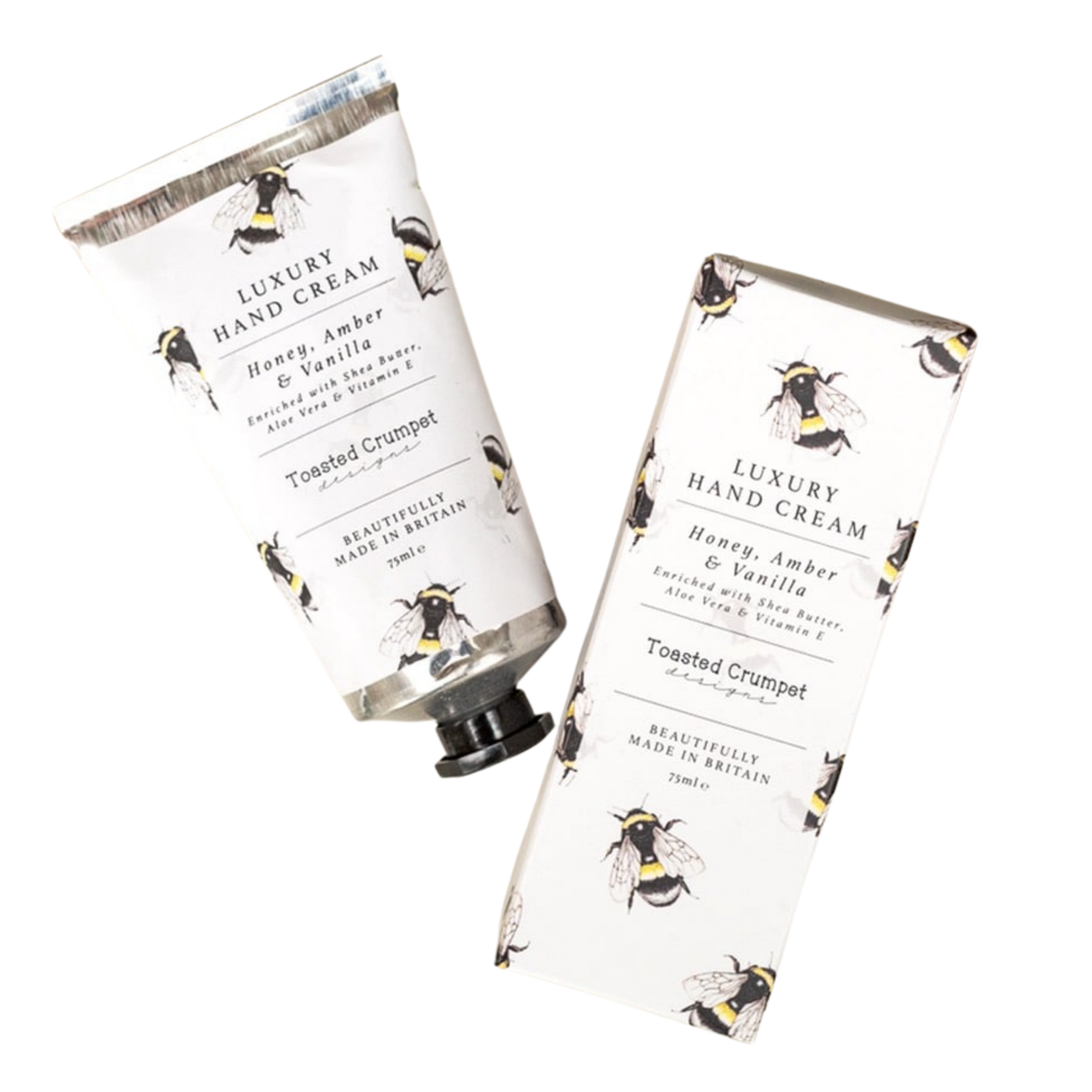Luxury hand cream with bee design on a white background