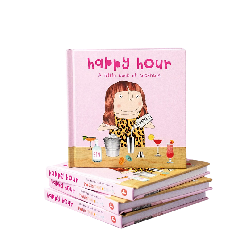 A stack of 'Happy Hour' cocktail books with a cartoon illustration of a character holding a drink on the cover.