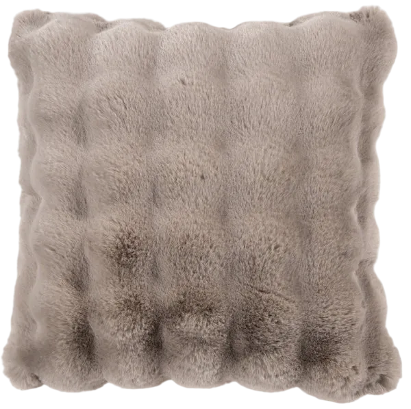 A square throw pillow made of soft, textured faux fur in a warm taupe-gray color, shown against a plain white background.