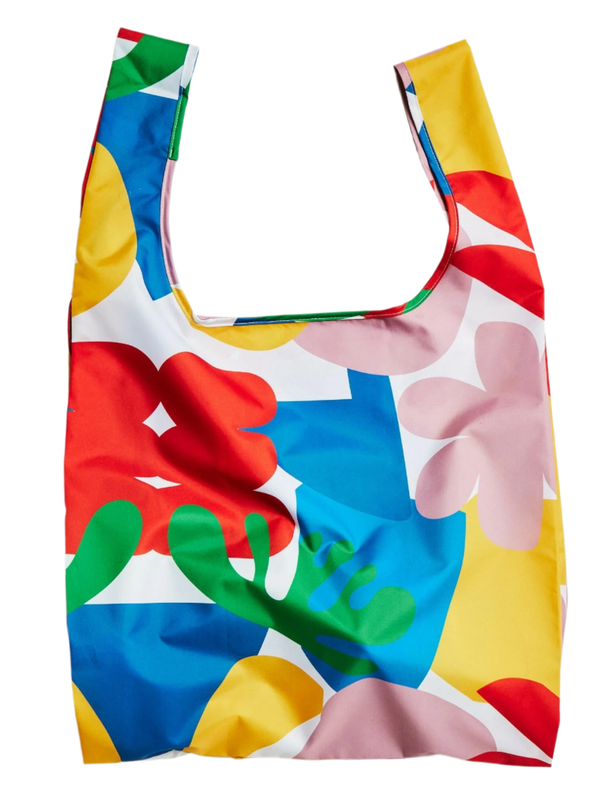 Colorful reusable bag with abstract floral design on a white background