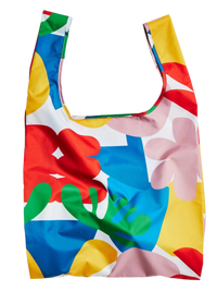 Colorful reusable bag with abstract floral design on a white background