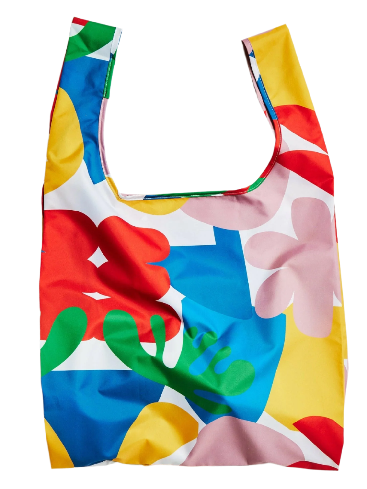 Colorful reusable bag with abstract floral design on a white background