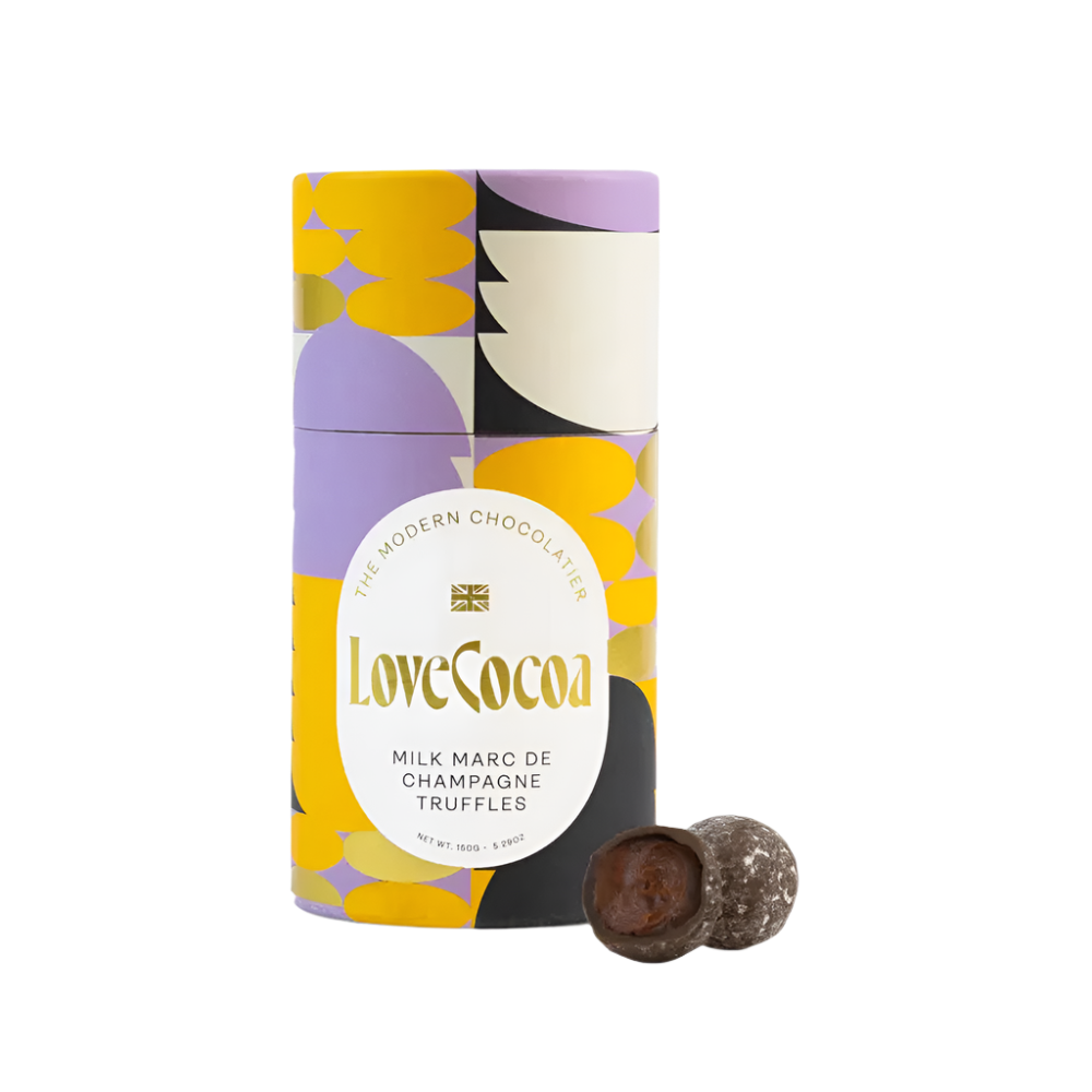 LoveCocoa chocolate truffles packaging with a floral design on a white background
