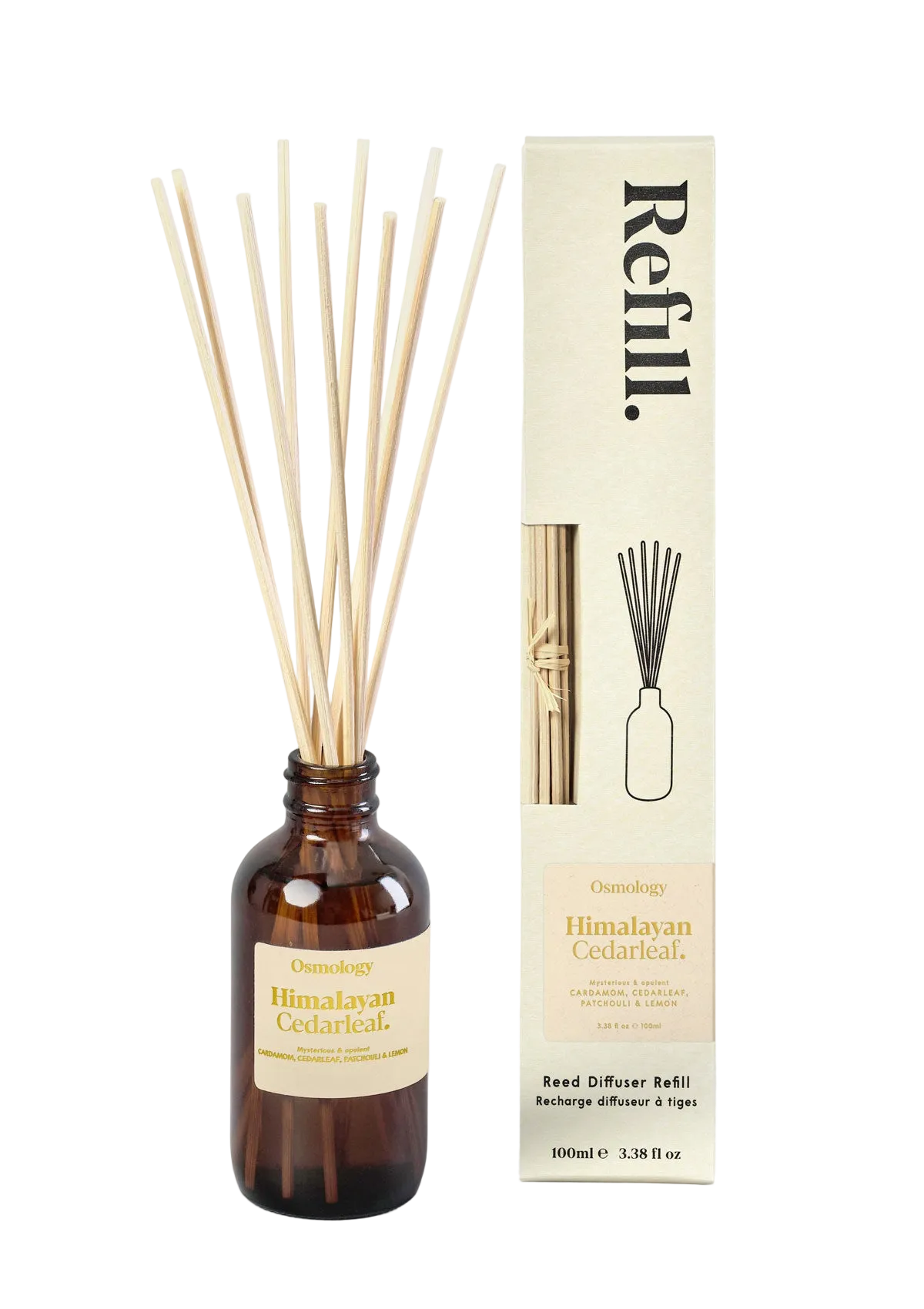 Himalayan Cedarwood reed diffuser bottle with packaging on a white background