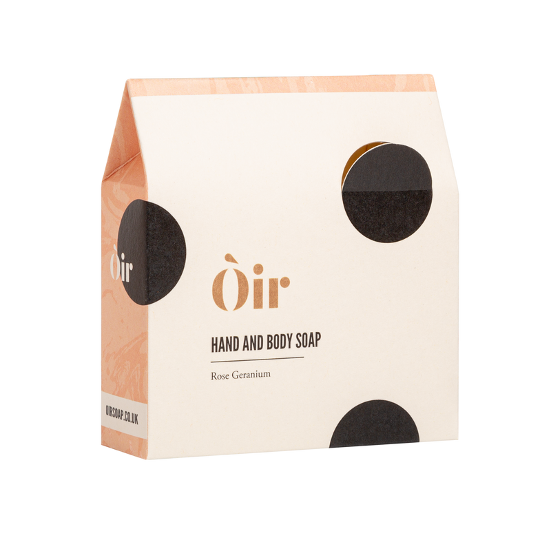 Packaging of Rose Geranium Hand and Body Soap on a white background