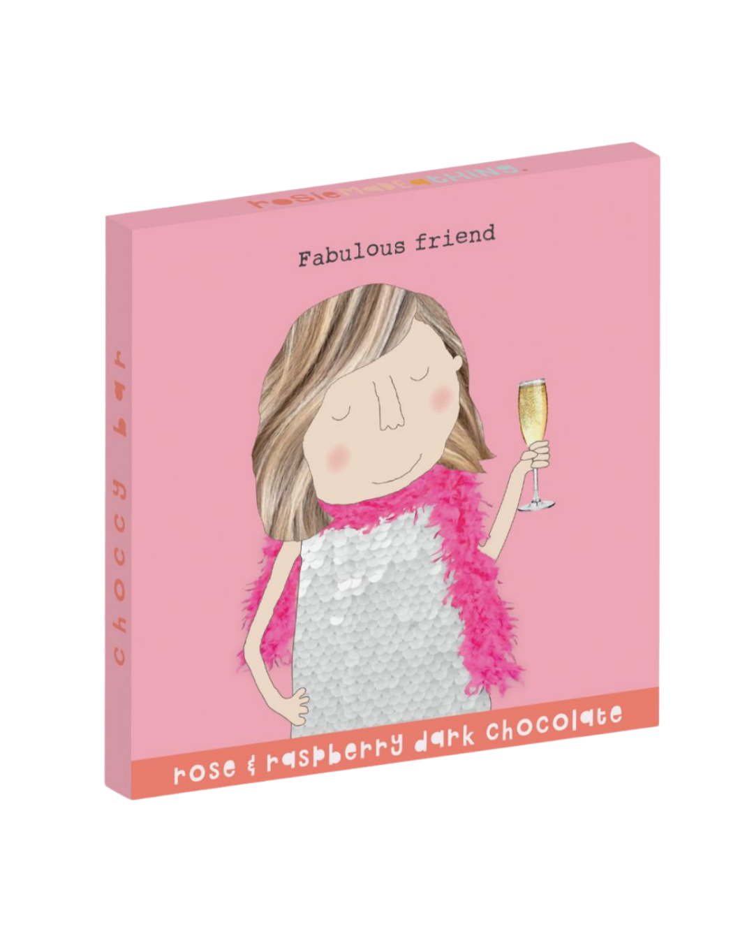 Chocolates packaging with illustration of a woman holding a glass of champagne on a pink background