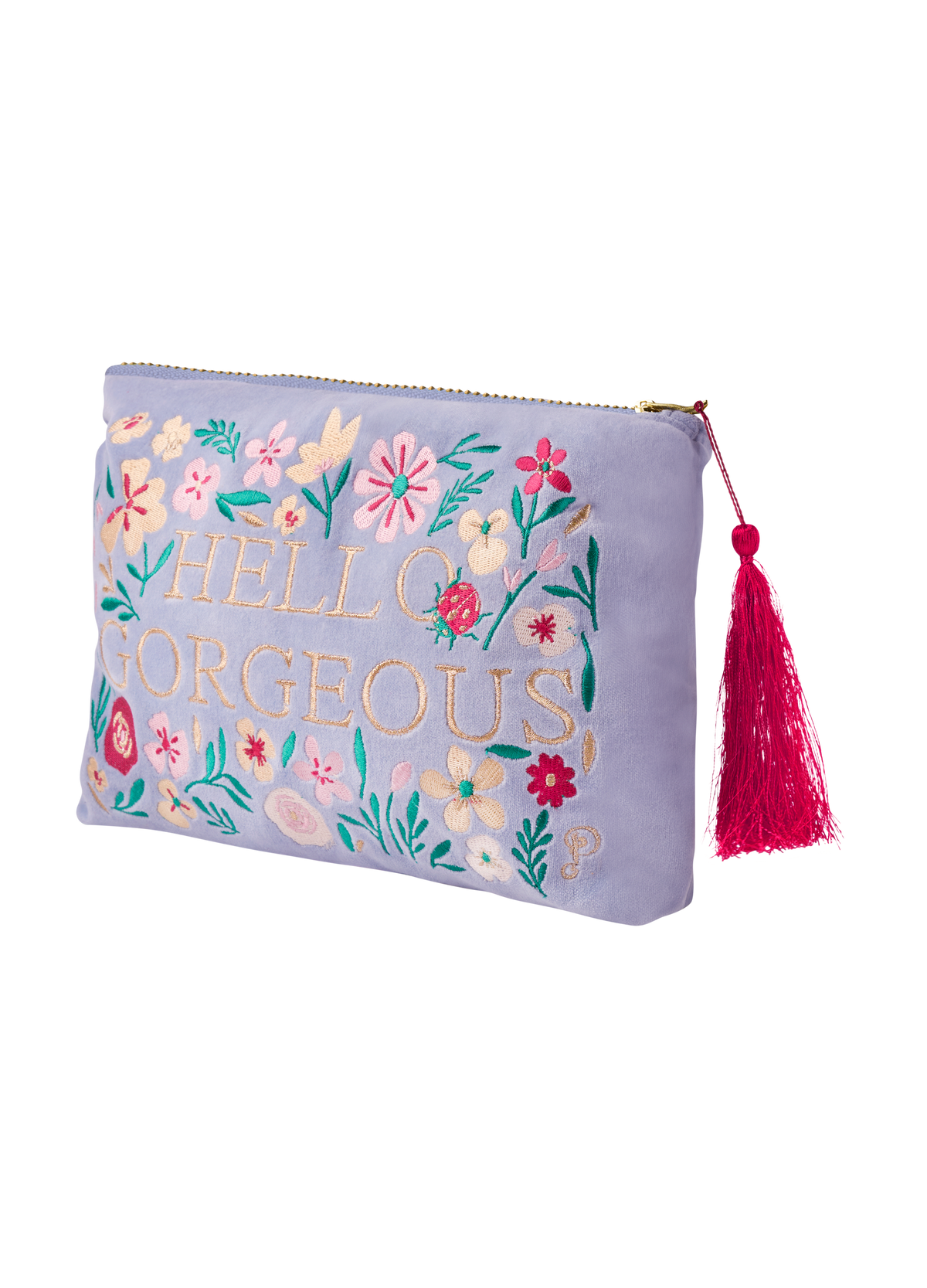 Purple velvet pouch with embroidered floral design and 'Hello Gorgeous' text.