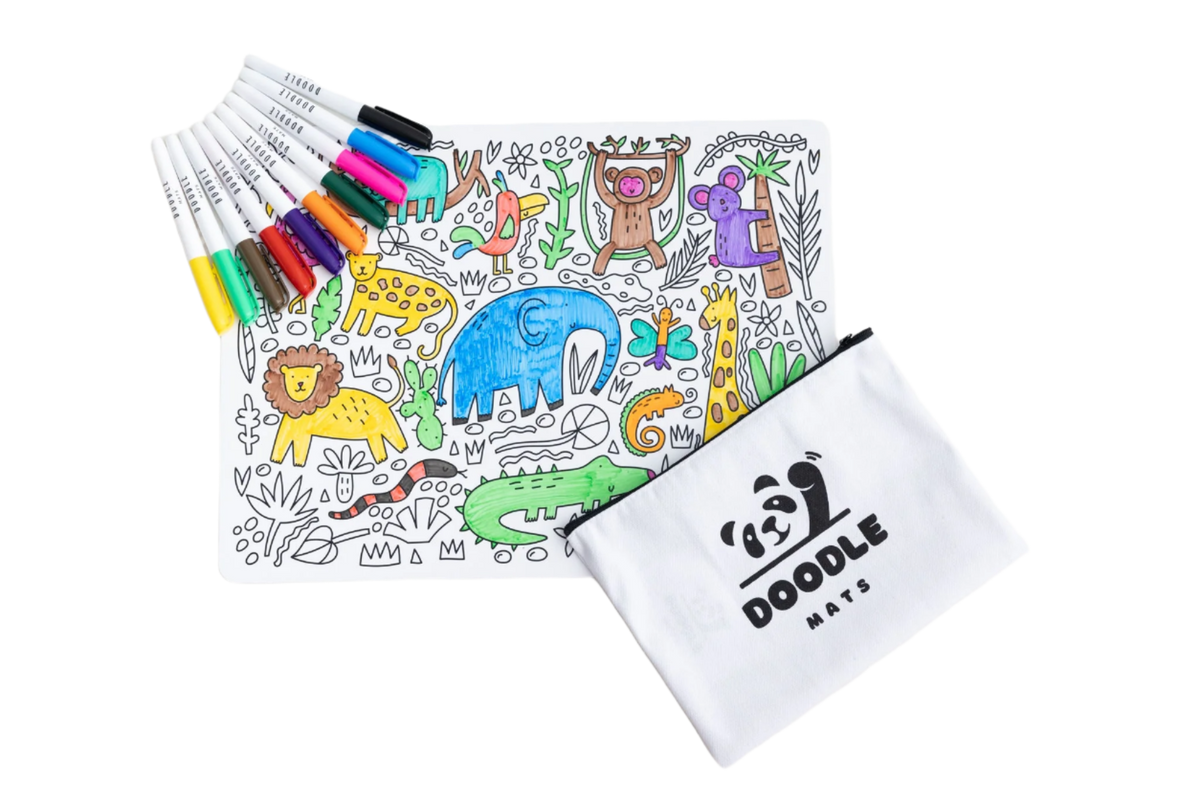Coloring mat with animal designs and markers, featuring the Doodle Mats brand.