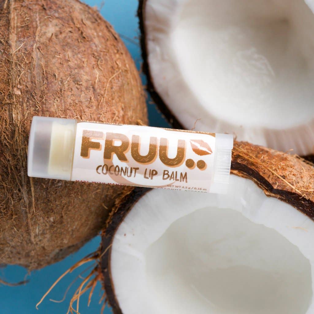 Coconut lip balm with 'FRUU' branding on a blue background