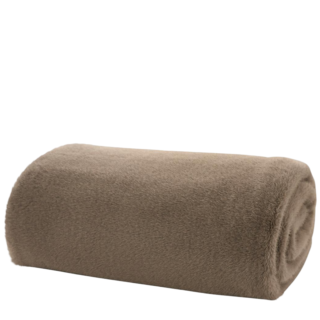Rolled-up brown blanket on a white background