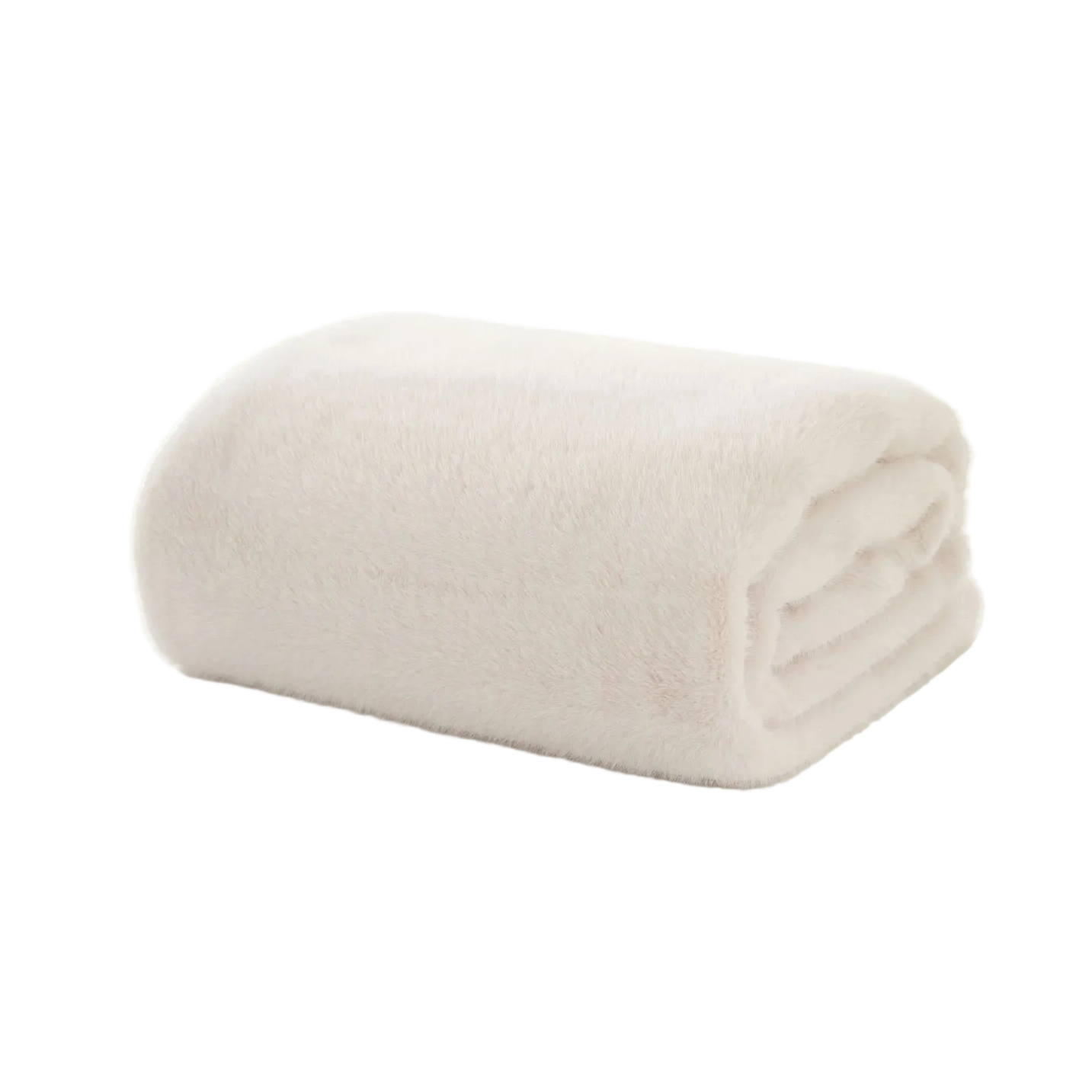 Folded ivory faux fur blanket on a white background