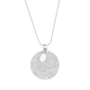 Silver necklace with a round pendant on a white background