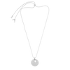 Silver necklace with a round pendant on a white background