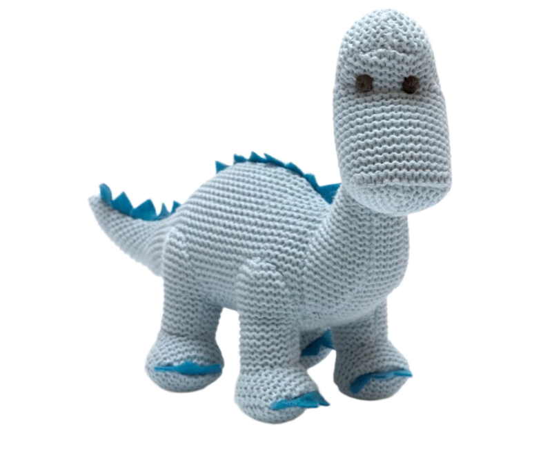 Knitted dinosaur toy with blue accents on a white background