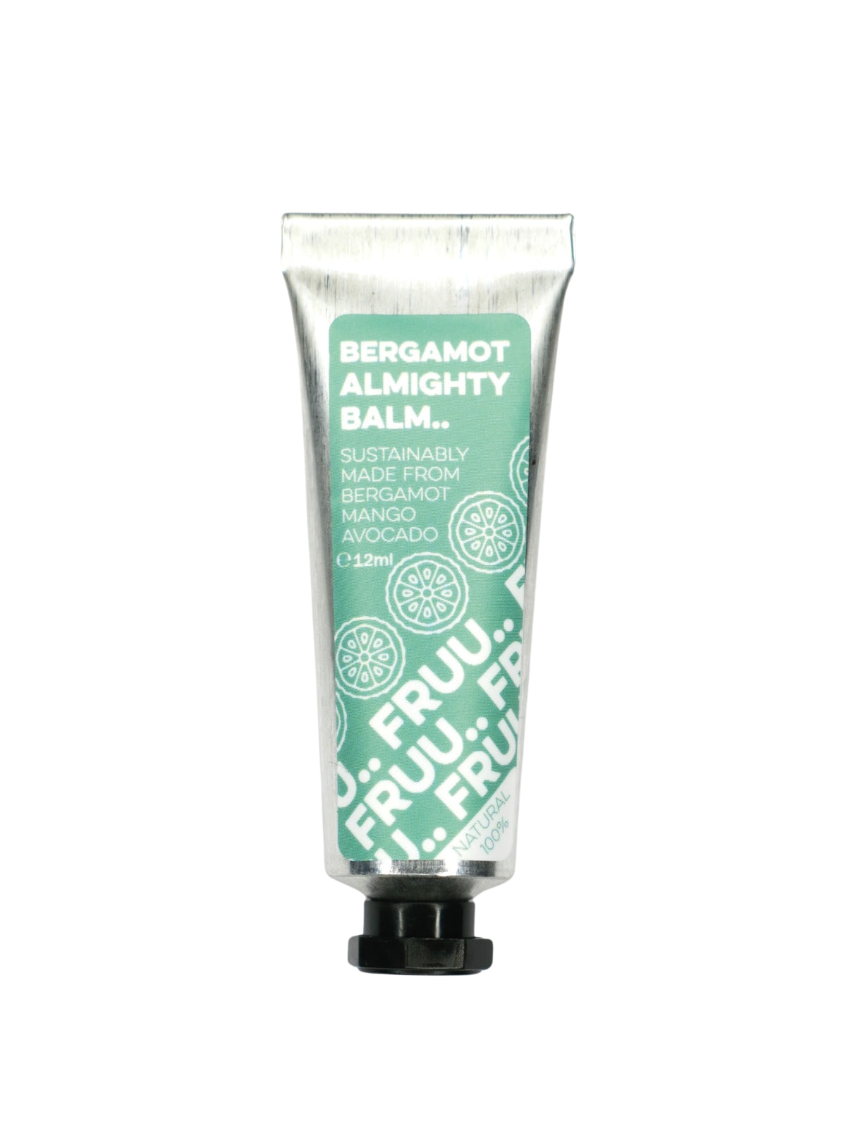 A tube of Bergamot - Fruu Almighty Balm with green labeling and text, indicating it is a product made with upcycled fruit oils, suitable for lips, hands, and elbows.