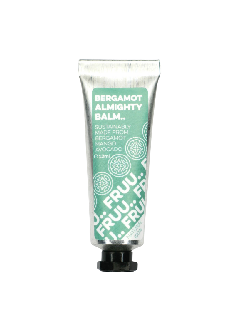 A tube of Bergamot - Fruu Almighty Balm with green labeling and text, indicating it is a product made with upcycled fruit oils, suitable for lips, hands, and elbows.