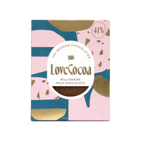 A bar of Love Cocoa Billionaire Milk Chocolate with 41% cocoa displayed in a pink and gold packaging with terrazzo pattern and brand logo.