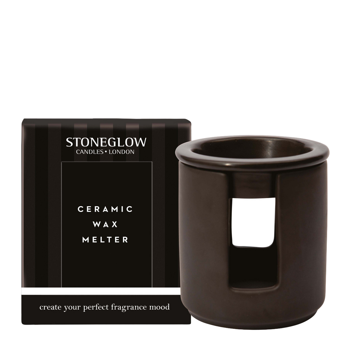 Black ceramic wax melter with Stoneglow packaging on a white background