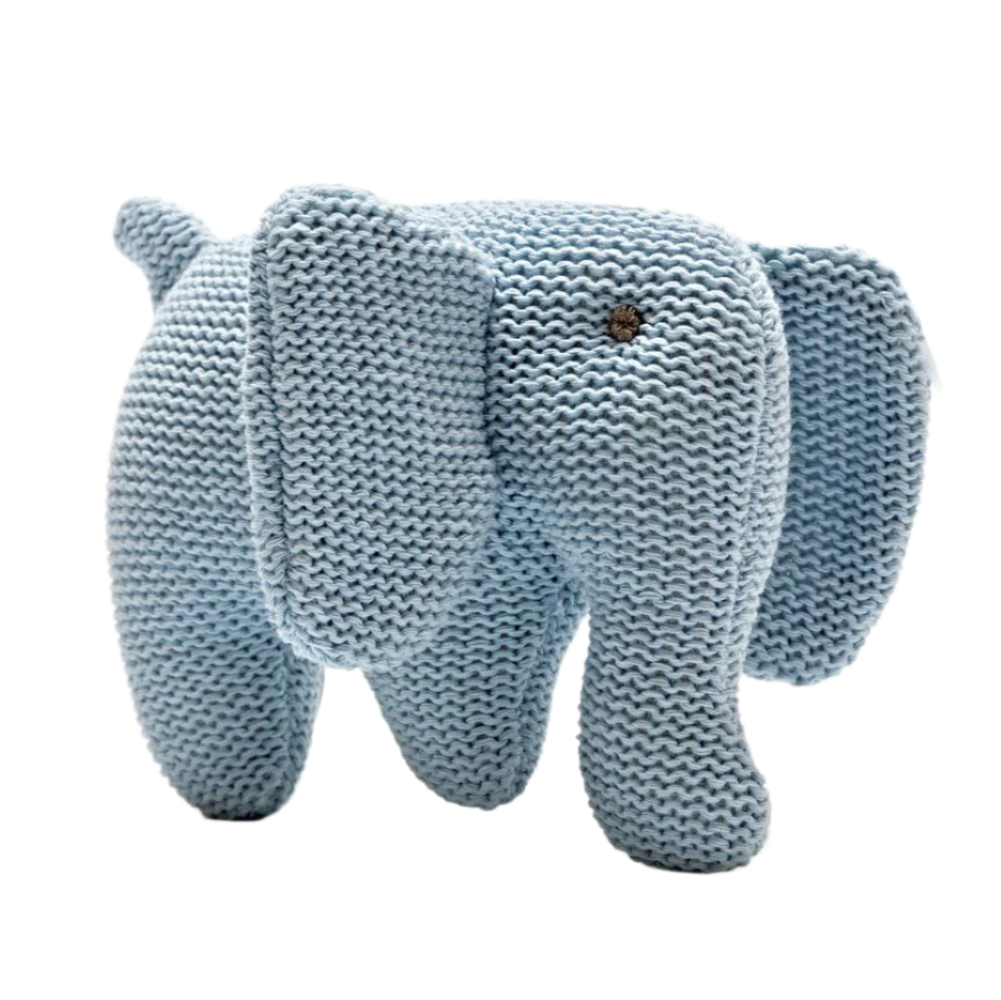 Knitted blue elephant toy on a white background