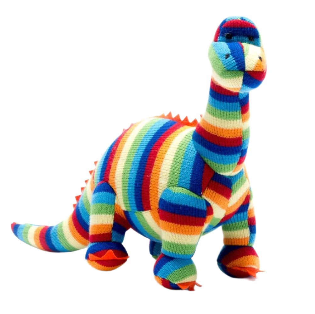 Colorful striped dinosaur toy on a white background