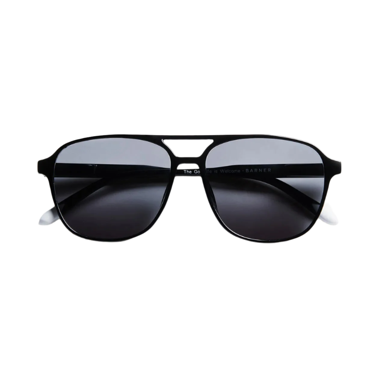 Black sunglasses with dark lenses on a white background